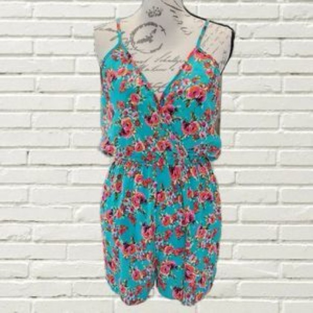 Love Culture Vintage Teal & Pink Floral Wide Leg Short V Neck Sleeveless Romper